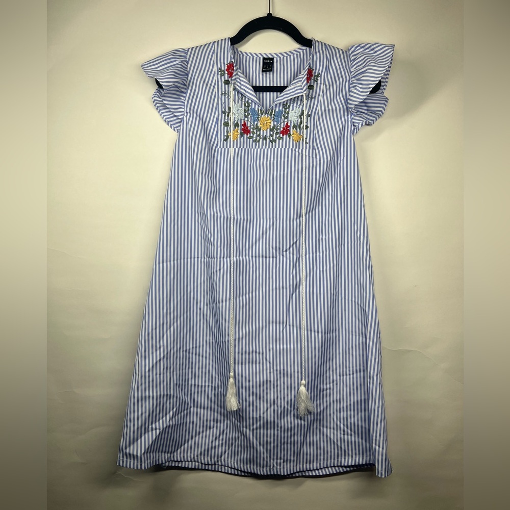 SHEIN Blue and White Embellished Sundress with Flutter Sleeves